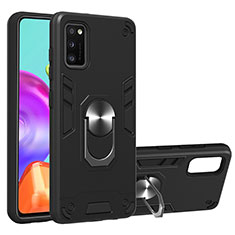 Silicone Matte Finish and Plastic Back Cover Case with Magnetic Finger Ring Stand S01 for Samsung Galaxy A41 Black