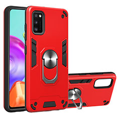 Silicone Matte Finish and Plastic Back Cover Case with Magnetic Finger Ring Stand S01 for Samsung Galaxy A41 Red