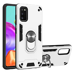 Silicone Matte Finish and Plastic Back Cover Case with Magnetic Finger Ring Stand S01 for Samsung Galaxy A41 White