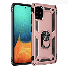 Silicone Matte Finish and Plastic Back Cover Case with Magnetic Finger Ring Stand S01 for Samsung Galaxy A71 4G A715 Rose Gold