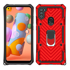 Silicone Matte Finish and Plastic Back Cover Case with Magnetic Finger Ring Stand S01 for Samsung Galaxy M11 Red
