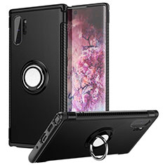 Silicone Matte Finish and Plastic Back Cover Case with Magnetic Finger Ring Stand S01 for Samsung Galaxy Note 10 Plus Black