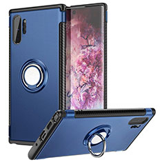 Silicone Matte Finish and Plastic Back Cover Case with Magnetic Finger Ring Stand S01 for Samsung Galaxy Note 10 Plus Blue