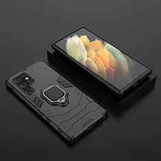 Silicone Matte Finish and Plastic Back Cover Case with Magnetic Finger Ring Stand S01 for Samsung Galaxy S21 Ultra 5G Black