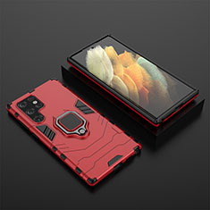 Silicone Matte Finish and Plastic Back Cover Case with Magnetic Finger Ring Stand S01 for Samsung Galaxy S21 Ultra 5G Red