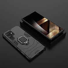 Silicone Matte Finish and Plastic Back Cover Case with Magnetic Finger Ring Stand S01 for Samsung Galaxy S24 Ultra 5G Black