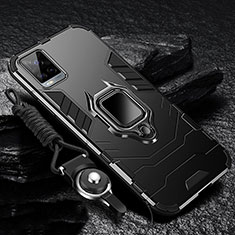Silicone Matte Finish and Plastic Back Cover Case with Magnetic Finger Ring Stand S01 for Vivo V20 Pro 5G Black