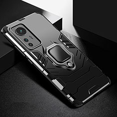 Silicone Matte Finish and Plastic Back Cover Case with Magnetic Finger Ring Stand S01 for Xiaomi Mi 12 5G Black
