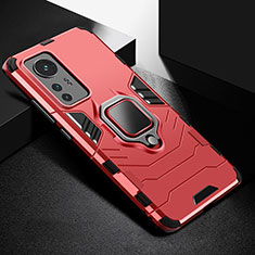 Silicone Matte Finish and Plastic Back Cover Case with Magnetic Finger Ring Stand S01 for Xiaomi Mi 12 5G Red