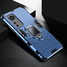 Silicone Matte Finish and Plastic Back Cover Case with Magnetic Finger Ring Stand S01 for Xiaomi Mi 12S 5G Blue