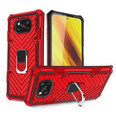 Silicone Matte Finish and Plastic Back Cover Case with Magnetic Finger Ring Stand S01 for Xiaomi Poco X3 NFC Red