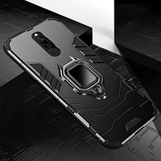 Silicone Matte Finish and Plastic Back Cover Case with Magnetic Finger Ring Stand S01 for Xiaomi Redmi 8 Black