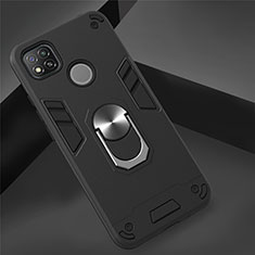 Silicone Matte Finish and Plastic Back Cover Case with Magnetic Finger Ring Stand S01 for Xiaomi Redmi 9 India Black