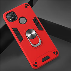 Silicone Matte Finish and Plastic Back Cover Case with Magnetic Finger Ring Stand S01 for Xiaomi Redmi 9 India Red