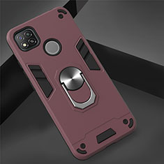 Silicone Matte Finish and Plastic Back Cover Case with Magnetic Finger Ring Stand S01 for Xiaomi Redmi 9 India Red Wine