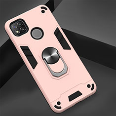 Silicone Matte Finish and Plastic Back Cover Case with Magnetic Finger Ring Stand S01 for Xiaomi Redmi 9 India Rose Gold