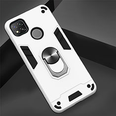 Silicone Matte Finish and Plastic Back Cover Case with Magnetic Finger Ring Stand S01 for Xiaomi Redmi 9 India White