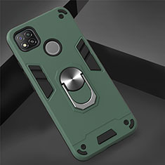 Silicone Matte Finish and Plastic Back Cover Case with Magnetic Finger Ring Stand S01 for Xiaomi Redmi 9C Midnight Green