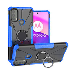 Silicone Matte Finish and Plastic Back Cover Case with Magnetic Finger Ring Stand S02 for Motorola Moto E20 Blue