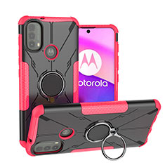 Silicone Matte Finish and Plastic Back Cover Case with Magnetic Finger Ring Stand S02 for Motorola Moto E20 Hot Pink
