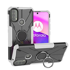Silicone Matte Finish and Plastic Back Cover Case with Magnetic Finger Ring Stand S02 for Motorola Moto E20 White