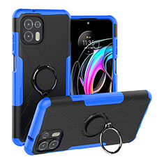 Silicone Matte Finish and Plastic Back Cover Case with Magnetic Finger Ring Stand S02 for Motorola Moto Edge 20 Lite 5G Blue