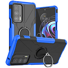 Silicone Matte Finish and Plastic Back Cover Case with Magnetic Finger Ring Stand S02 for Motorola Moto Edge 20 Pro 5G Blue