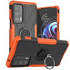 Silicone Matte Finish and Plastic Back Cover Case with Magnetic Finger Ring Stand S02 for Motorola Moto Edge 20 Pro 5G Orange