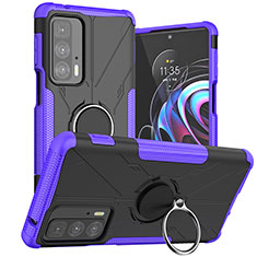 Silicone Matte Finish and Plastic Back Cover Case with Magnetic Finger Ring Stand S02 for Motorola Moto Edge 20 Pro 5G Purple