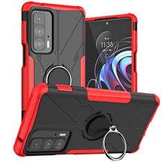 Silicone Matte Finish and Plastic Back Cover Case with Magnetic Finger Ring Stand S02 for Motorola Moto Edge 20 Pro 5G Red