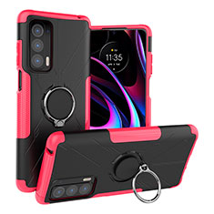 Silicone Matte Finish and Plastic Back Cover Case with Magnetic Finger Ring Stand S02 for Motorola Moto Edge (2021) 5G Hot Pink