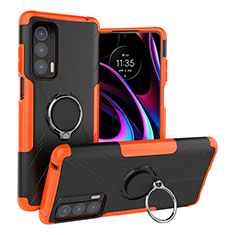 Silicone Matte Finish and Plastic Back Cover Case with Magnetic Finger Ring Stand S02 for Motorola Moto Edge (2021) 5G Orange