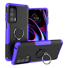 Silicone Matte Finish and Plastic Back Cover Case with Magnetic Finger Ring Stand S02 for Motorola Moto Edge (2021) 5G Purple