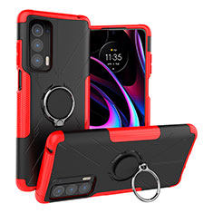 Silicone Matte Finish and Plastic Back Cover Case with Magnetic Finger Ring Stand S02 for Motorola Moto Edge (2021) 5G Red