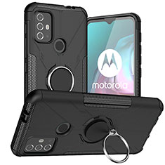 Silicone Matte Finish and Plastic Back Cover Case with Magnetic Finger Ring Stand S02 for Motorola Moto G10 Black