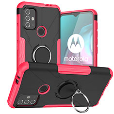 Silicone Matte Finish and Plastic Back Cover Case with Magnetic Finger Ring Stand S02 for Motorola Moto G10 Hot Pink