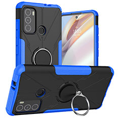 Silicone Matte Finish and Plastic Back Cover Case with Magnetic Finger Ring Stand S02 for Motorola Moto G40 Fusion Blue