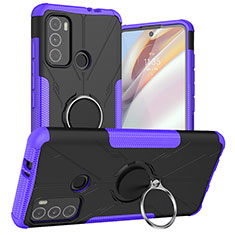 Silicone Matte Finish and Plastic Back Cover Case with Magnetic Finger Ring Stand S02 for Motorola Moto G40 Fusion Purple