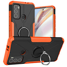 Silicone Matte Finish and Plastic Back Cover Case with Magnetic Finger Ring Stand S02 for Motorola Moto G60 Orange