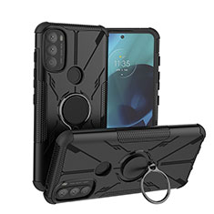 Silicone Matte Finish and Plastic Back Cover Case with Magnetic Finger Ring Stand S02 for Motorola Moto G71 5G Black