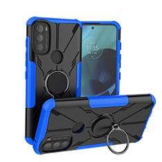 Silicone Matte Finish and Plastic Back Cover Case with Magnetic Finger Ring Stand S02 for Motorola Moto G71 5G Blue