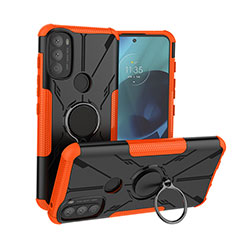 Silicone Matte Finish and Plastic Back Cover Case with Magnetic Finger Ring Stand S02 for Motorola Moto G71 5G Orange