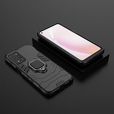 Silicone Matte Finish and Plastic Back Cover Case with Magnetic Finger Ring Stand S02 for Oppo A93s 5G Black