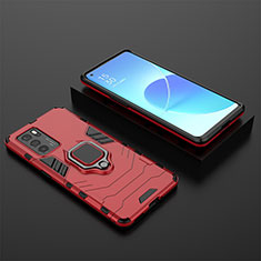 Silicone Matte Finish and Plastic Back Cover Case with Magnetic Finger Ring Stand S02 for Oppo Reno6 Pro 5G India Red
