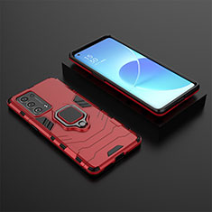 Silicone Matte Finish and Plastic Back Cover Case with Magnetic Finger Ring Stand S02 for Oppo Reno6 Pro+ Plus 5G Red