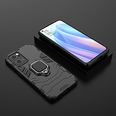 Silicone Matte Finish and Plastic Back Cover Case with Magnetic Finger Ring Stand S02 for Oppo Reno7 5G Black