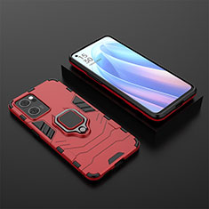 Silicone Matte Finish and Plastic Back Cover Case with Magnetic Finger Ring Stand S02 for Oppo Reno7 5G Red