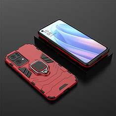 Silicone Matte Finish and Plastic Back Cover Case with Magnetic Finger Ring Stand S02 for Oppo Reno7 Pro 5G Red