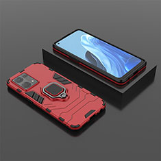 Silicone Matte Finish and Plastic Back Cover Case with Magnetic Finger Ring Stand S02 for Oppo Reno8 4G Red