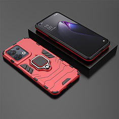 Silicone Matte Finish and Plastic Back Cover Case with Magnetic Finger Ring Stand S02 for Oppo Reno8 5G Red